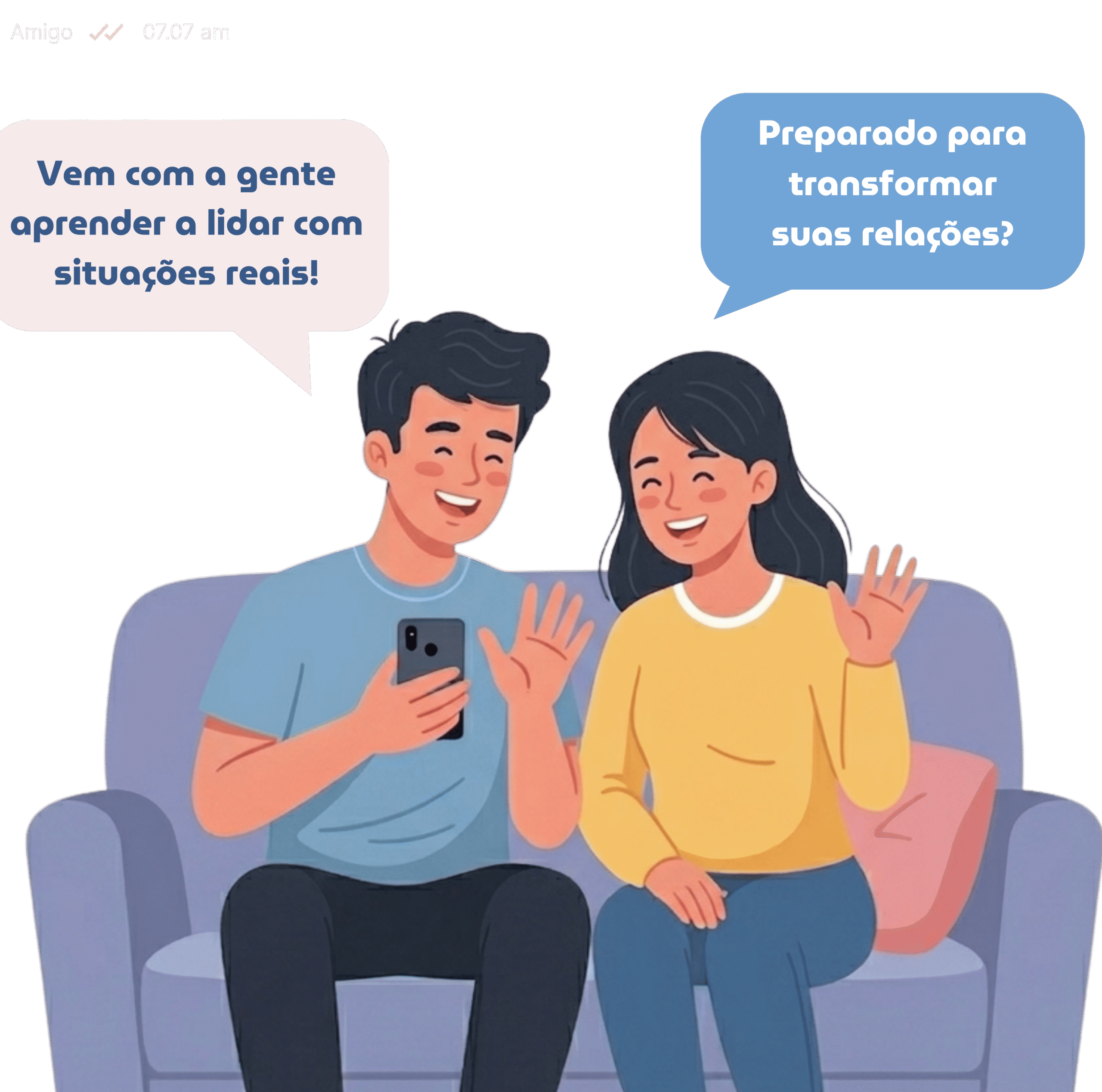 Casal sorrindo e acenando enquanto usam o celular