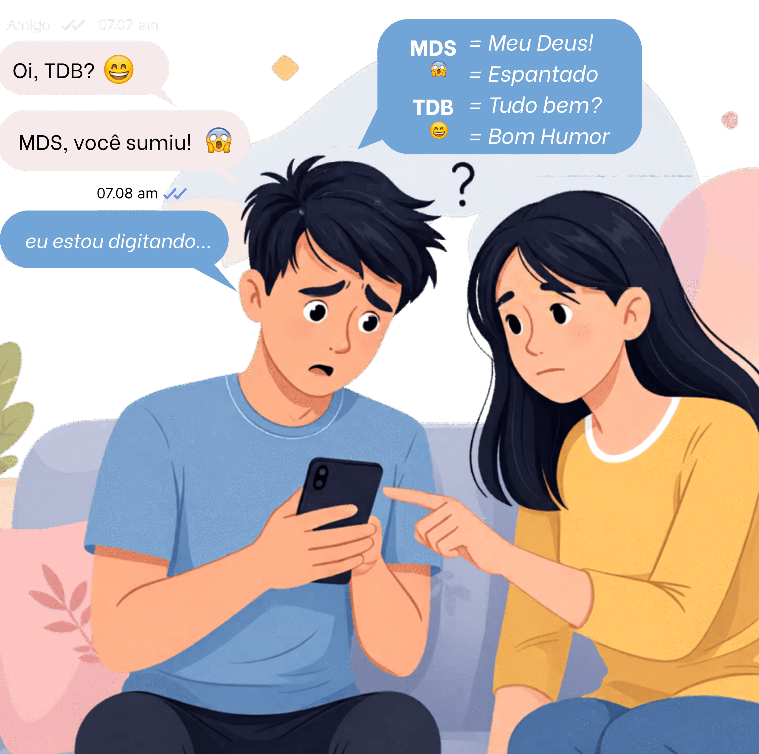 Ilustração da capa: casal vendo celular com bolhas de chat e legenda de gírias